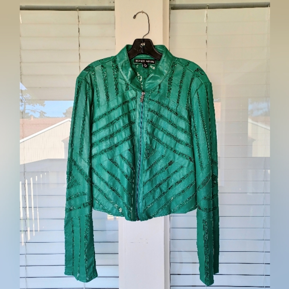 Vtg 2000s Green Leather & Lace Jacket, by Blanc Noir, Sz L/XL